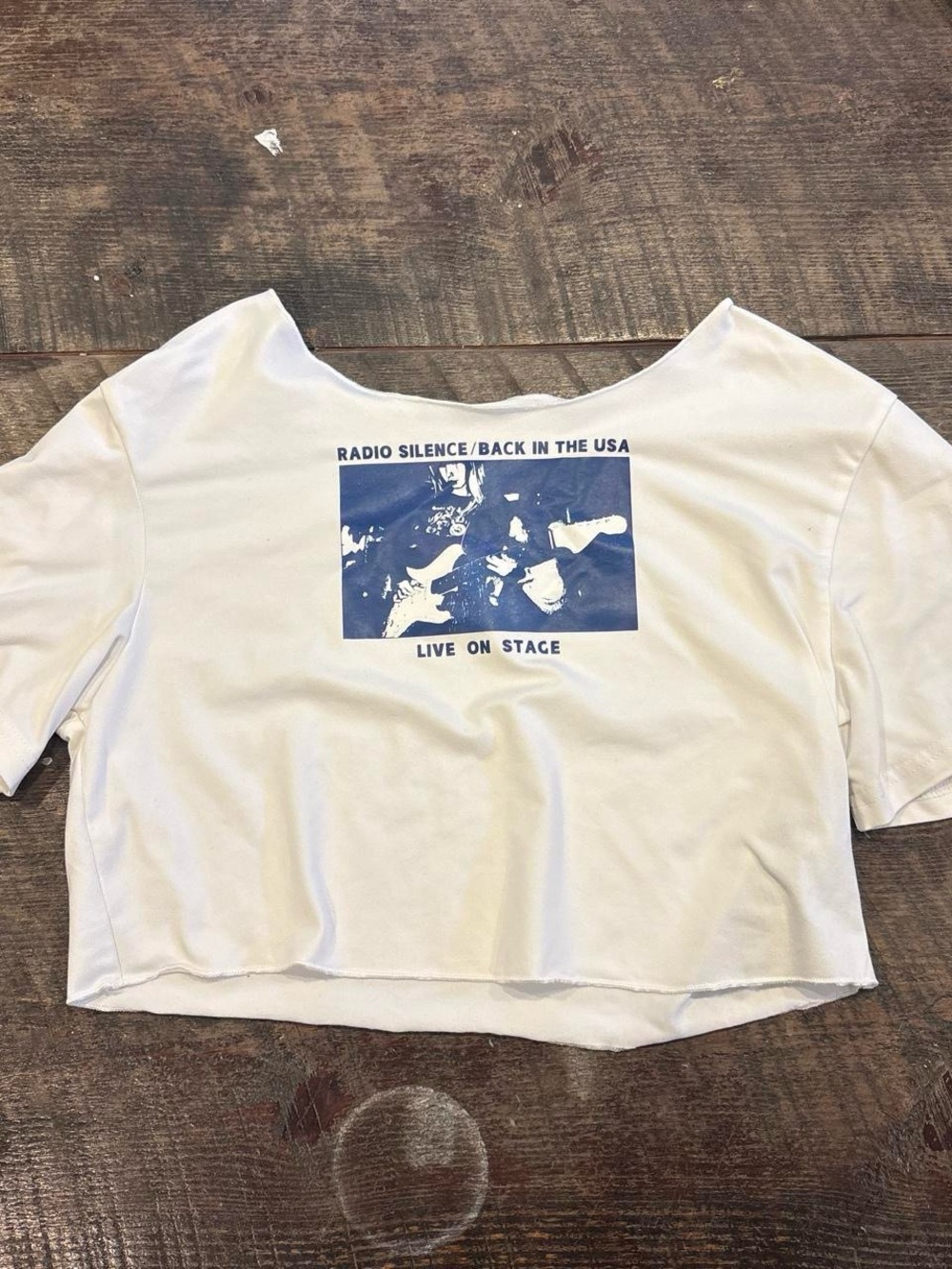 White Cropped Graphic Tee with Blue Print